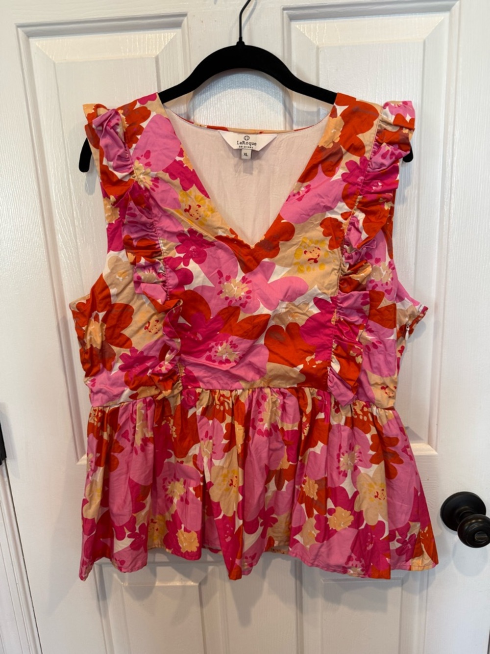 LaRoque Floral Ruffle Peplum Tank Top - Pink/Red/Cream